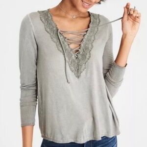 American Eagle Olive Lace-Up Long Sleeve Top - Floral
